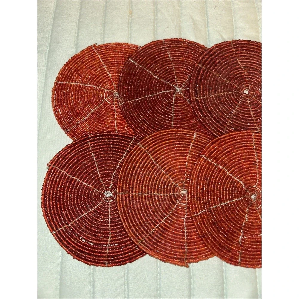 Set Of 8 Red Beaded Coasters Round‎ Holiday